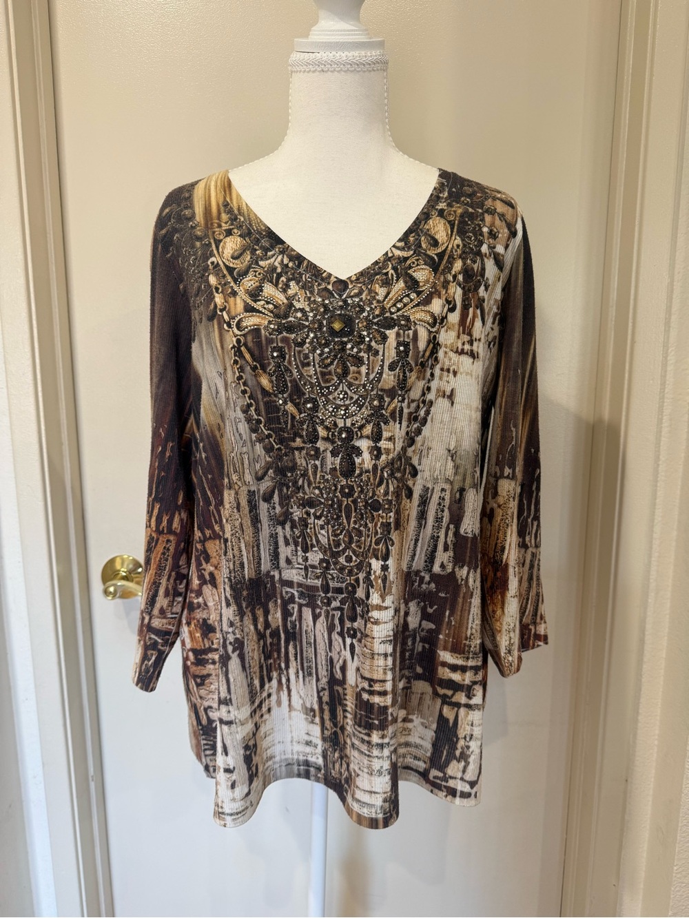 Laura Scott Brown and Cream V-Neck Jeweled Tunic